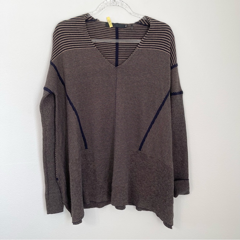 L.A.M.B. Gray and Navy Striped V-Neck Sweater
